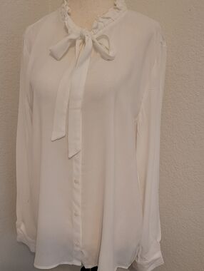 Women's White Tie-Neck Ruffle Blouse